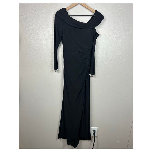 Mac Duggal One Shoulder Bewjewled Cuff Sleeve Gown Black Sz 4 Formal - Picture 2 of 9